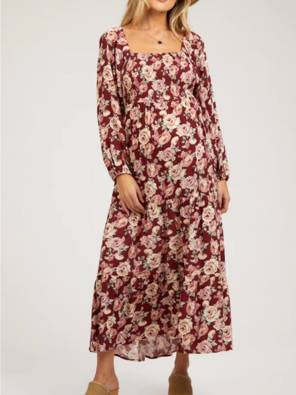 Pinkblush Elloh Burgundy Floral Long Sleeve Maternity Maxi Dress L - Picture 2 of 5
